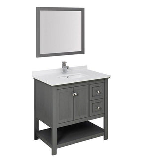 Fresca Manchester Regal 36" Gray Wood Veneer Bath Vanity Set w/ Mirror/Faucet FVN2336VG-FFT1030BN