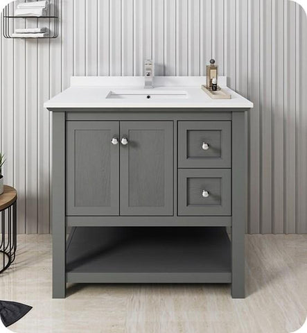 Image of Fresca Manchester Regal 36" Gray Wood Veneer Traditional Bathroom Cabinet w/ Top & Sink | FCB2336VG-CWH-U