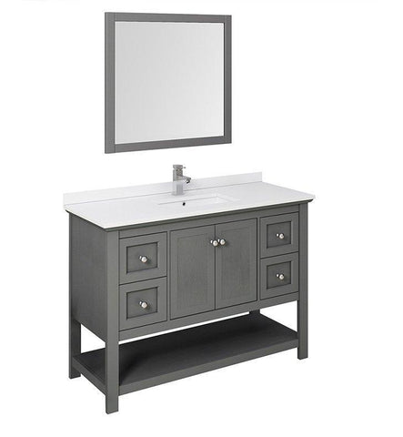 Image of Fresca Manchester Regal 48" Gray Wood Veneer Bath Vanity Set w/ Mirror & Faucet FVN2348VG-FFT1030BN