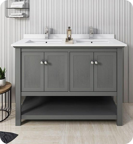 Image of Fresca Manchester Regal 48" Gray Wood Veneer Traditional Double Sink Bathroom Cabinet w/ Top & Sinks | FCB2348VG-D-CWH-U