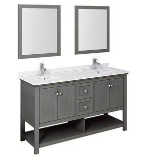 Fresca Manchester Regal 60" Gray Double Sink Bath Vanity Set w/ Mirrors/Faucet FVN2360VG-D-FFT1030BN