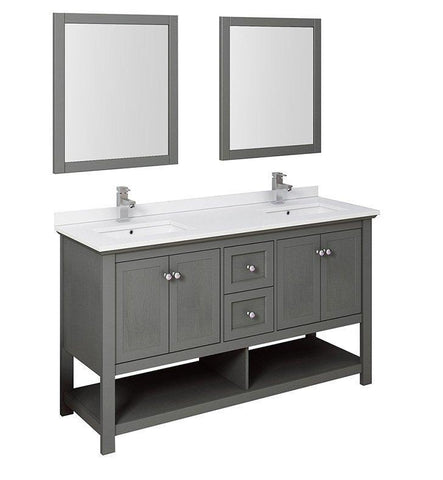 Image of Fresca Manchester Regal 60" Gray Double Sink Bath Vanity Set w/ Mirrors/Faucet FVN2360VG-D-FFT1030BN