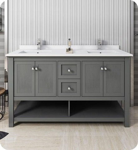 Image of Fresca Manchester Regal 60" Gray Wood Veneer Traditional Double Sink Bathroom Cabinet w/ Top & Sinks | FCB2360VG-D-CWH-U