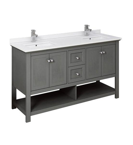 Image of Fresca Manchester Regal 60" Gray Wood Veneer Traditional Double Sink Bathroom Cabinet w/ Top & Sinks | FCB2360VG-D-CWH-U