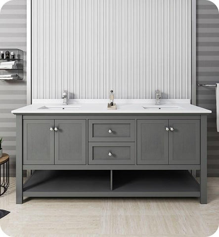 Image of Fresca Manchester Regal 72" Gray Wood Veneer Traditional Double Sink Bathroom Cabinet w/ Top & Sinks | FCB2372VG-D-CWH-U
