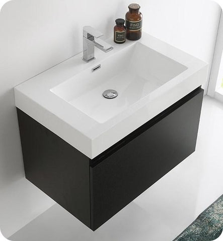 Image of Fresca Mezzo 30" Black Wall Hung Modern Bathroom Cabinet w/ Integrated Sink | FCB8007BW-I