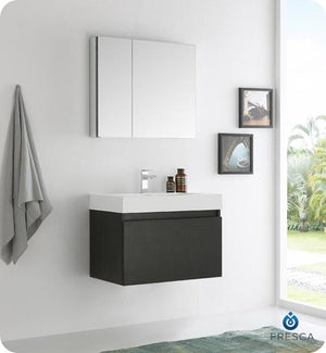Fresca Mezzo 30" Black Wall Hung Modern Bathroom Vanity w/ Medicine Cabinet | FVN8007BW