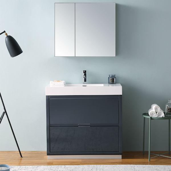 Fresca Mezzo 30" Gray Oak Modern Bathroom Vanity with Cabinet FVN8007 FVN8007GO-FFT1030BN