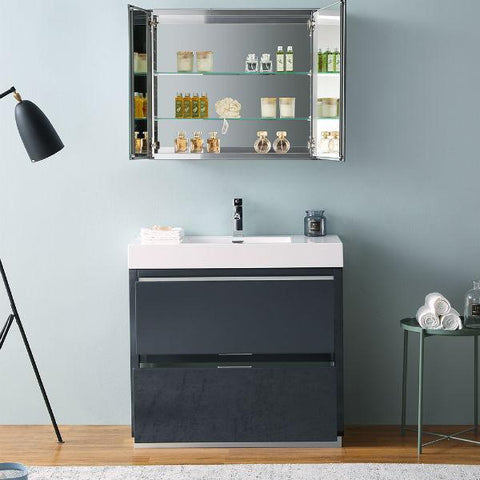 Image of Fresca Mezzo 30" Gray Oak Modern Bathroom Vanity with Cabinet FVN8007 FVN8007GO-FFT1030BN