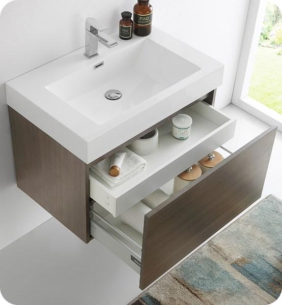 Fresca Mezzo 30" Gray Oak Wall Hung Modern Bathroom Cabinet w/ Integrated Sink | FCB8007GO-I