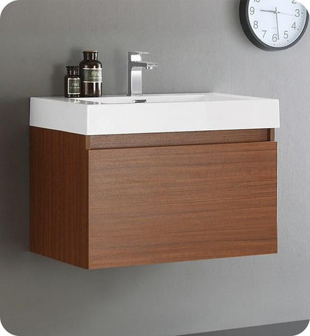 Image of Fresca Mezzo 30" Teak Wall Hung Modern Bathroom Cabinet w/ Integrated Sink | FCB8007TK-I