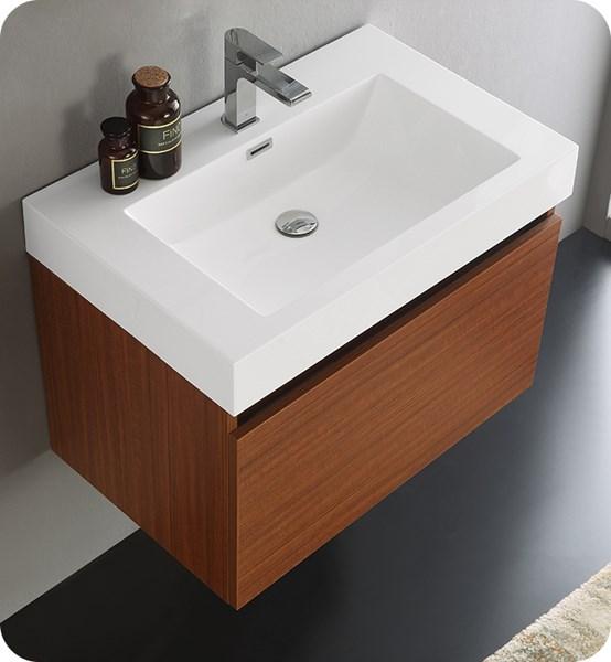Fresca Mezzo 30" Teak Wall Hung Modern Bathroom Cabinet w/ Integrated Sink | FCB8007TK-I FCB8007TK-I