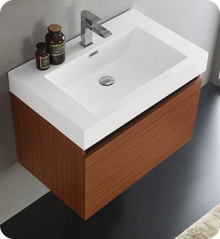 Image of Fresca Mezzo 30" Teak Wall Hung Modern Bathroom Cabinet w/ Integrated Sink | FCB8007TK-I FCB8007TK-I