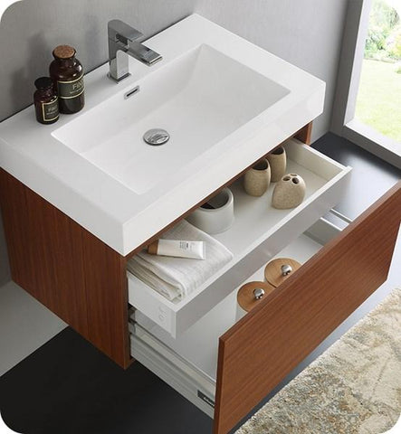 Image of Fresca Mezzo 30" Teak Wall Hung Modern Bathroom Cabinet w/ Integrated Sink | FCB8007TK-I FCB8007TK-I