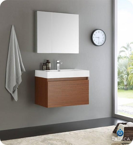 Image of Fresca Mezzo 30" Teak Wall Hung Modern Bathroom Vanity w/ Medicine Cabinet | FVN8007TK FVN8007TK