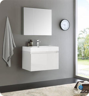 Fresca Mezzo 30" White Wall Hung Modern Bathroom Vanity w/ Medicine Cabinet | FVN8007WH