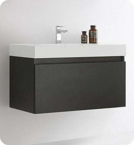 Image of Fresca Mezzo 36" Black Wall Hung Modern Bathroom Cabinet w/ Integrated Sink | FCB8008BW-I FCB8008BW-I