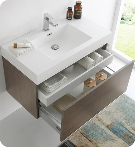 Image of Fresca Mezzo 36" Gray Oak Wall Hung Modern Bathroom Cabinet w/ Integrated Sink | FCB8008GO-I