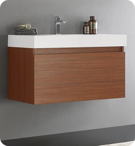 Image of Fresca Mezzo 36" Teak Wall Hung Modern Bathroom Cabinet w/ Integrated Sink | FCB8008TK-I