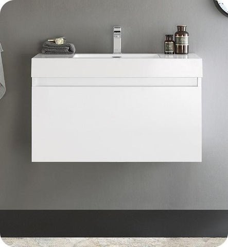 Image of Fresca Mezzo 36" White Wall Hung Modern Bathroom Cabinet w/ Integrated Sink | FCB8008WH-I