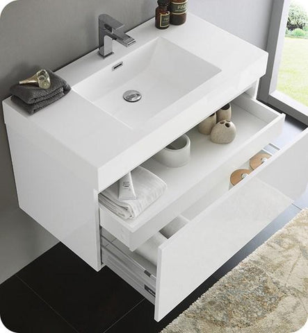 Image of Fresca Mezzo 36" White Wall Hung Modern Bathroom Cabinet w/ Integrated Sink | FCB8008WH-I