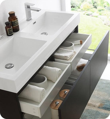 Image of Fresca Mezzo 48" Black Wall Hung Double Sink Modern Bathroom Cabinet w/ Integrated Sink | FCB8012BW-I FCB8012BW-I