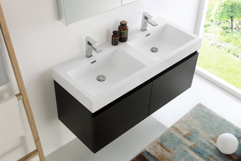 Image of Fresca Mezzo 48" Black Wall Hung Double Sink Modern Bathroom Vanity w/ Medicine Cabinet