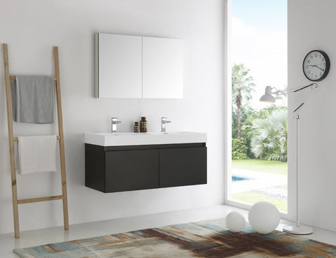 Image of Fresca Mezzo 48" Black Wall Hung Double Sink Modern Bathroom Vanity w/ Medicine Cabinet