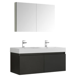 Fresca Mezzo 48" Black Wall Hung Double Sink Modern Bathroom Vanity w/ Medicine Cabinet FVN8012BW-FFT1030BN