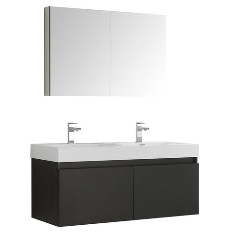 Image of Fresca Mezzo 48" Black Wall Hung Double Sink Modern Bathroom Vanity w/ Medicine Cabinet FVN8012BW-FFT1030BN