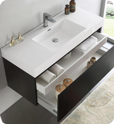 Image of Fresca Mezzo 48" Black Wall Hung Modern Bathroom Cabinet w/ Integrated Sink | FCB8011BW-I