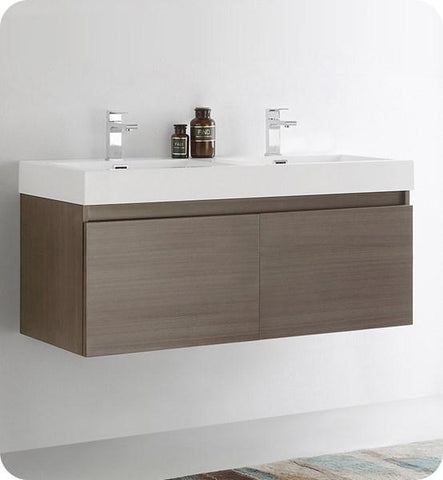Image of Fresca Mezzo 48" Gray Oak Wall Hung Double Sink Modern Bathroom Cabinet w/ Integrated Sink | FCB8012GO-I