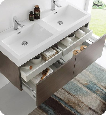Image of Fresca Mezzo 48" Gray Oak Wall Hung Double Sink Modern Bathroom Cabinet w/ Integrated Sink | FCB8012GO-I