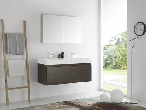 Image of Fresca Mezzo 48" Gray Oak Wall Hung Double Sink Modern Bathroom Vanity w/ Medicine Cabinet FVN8012GO-FFT1030BN
