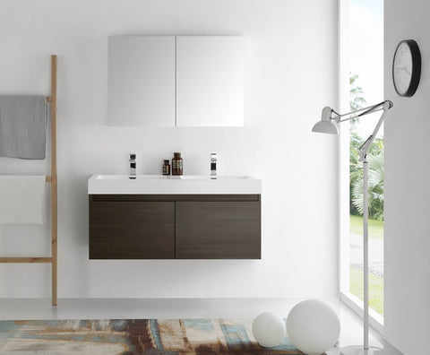 Image of Fresca Mezzo 48" Gray Oak Wall Hung Double Sink Modern Bathroom Vanity w/ Medicine Cabinet FVN8012GO-FFT1030BN