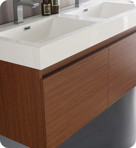 Image of Fresca Mezzo 48" Teak Wall Hung Double Sink Modern Bathroom Cabinet w/ Integrated Sink | FCB8012TK-I