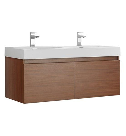 Image of Fresca Mezzo 48" Teak Wall Hung Double Sink Modern Bathroom Cabinet w/ Integrated Sink | FCB8012TK-I FCB8012TK-I