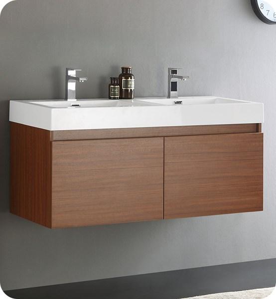 Fresca Mezzo 48" Teak Wall Hung Double Sink Modern Bathroom Cabinet w/ Integrated Sink | FCB8012TK-I FCB8012TK-I