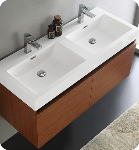 Image of Fresca Mezzo 48" Teak Wall Hung Double Sink Modern Bathroom Cabinet w/ Integrated Sink | FCB8012TK-I FCB8012TK-I