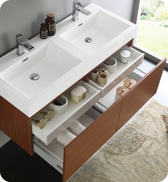 Fresca Mezzo 48" Teak Wall Hung Double Sink Modern Bathroom Cabinet w/ Integrated Sink | FCB8012TK-I FCB8012TK-I