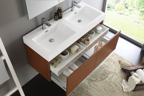 Image of Fresca Mezzo 48" Teak Wall Hung Double Sink Modern Bathroom Vanity w/ Medicine Cabinet