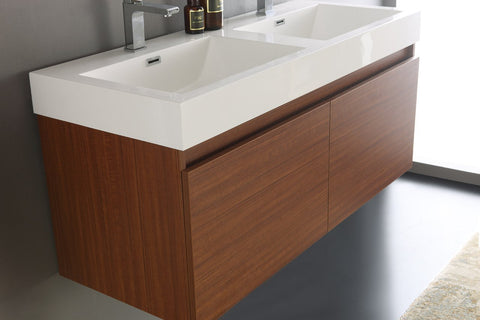 Image of Fresca Mezzo 48" Teak Wall Hung Double Sink Modern Bathroom Vanity w/ Medicine Cabinet