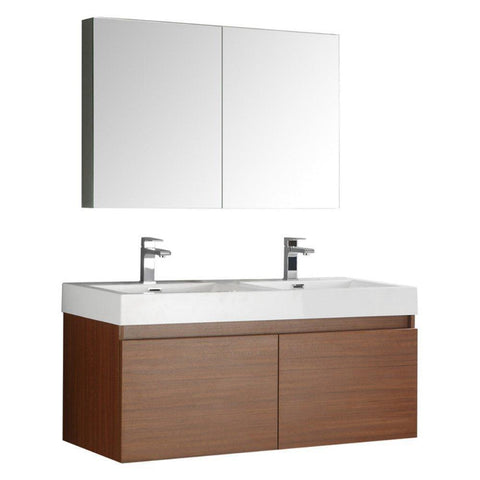 Image of Fresca Mezzo 48" Teak Wall Hung Double Sink Modern Bathroom Vanity w/ Medicine Cabinet FVN8012TK-FFT1030BN