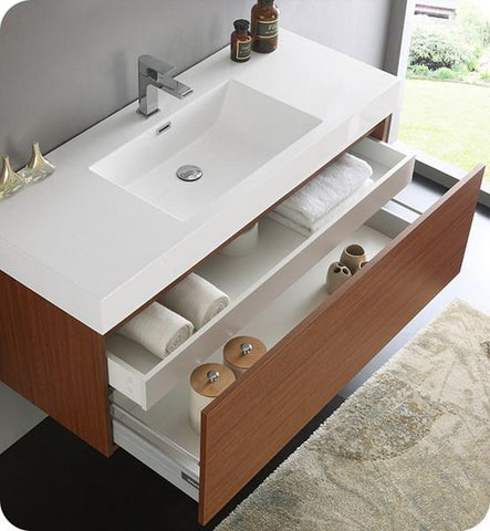 Image of Fresca Mezzo 48" Teak Wall Hung Modern Bathroom Cabinet w/ Integrated Sink | FCB8011TK-I