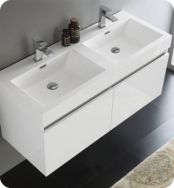 Fresca Mezzo 48" White Wall Hung Double Sink Modern Bathroom Cabinet w/ Integrated Sink | FCB8012WH-I