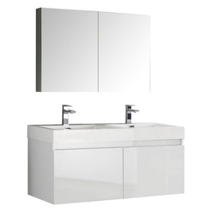 Fresca Mezzo 48" White Wall Hung Double Sink Modern Bathroom Vanity w/ Medicine Cabinet FVN8012WH-FFT1030BN