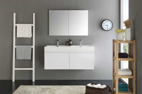 Image of Fresca Mezzo 48" White Wall Hung Double Sink Modern Bathroom Vanity w/ Medicine Cabinet FVN8012WH-FFT1030BN