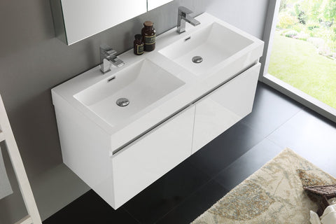 Image of Fresca Mezzo 48" White Wall Hung Double Sink Modern Bathroom Vanity w/ Medicine Cabinet FVN8012WH-FFT1030BN