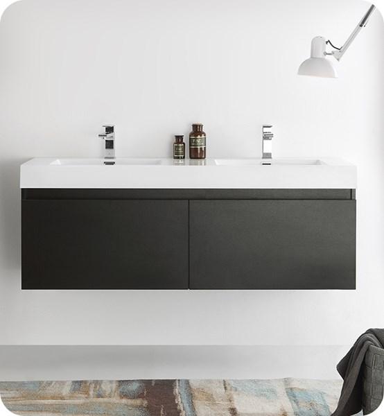 Fresca Mezzo 60" Black Wall Hung Double Sink Modern Bathroom Cabinet w/ Integrated Sink | FCB8042BW-I