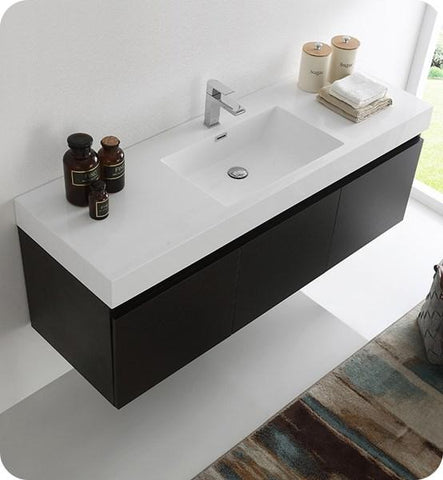 Image of Fresca Mezzo 60" Black Wall Hung Single Sink Modern Bathroom Cabinet w/ Integrated Sink | FCB8041BW-I FCB8041BW-I